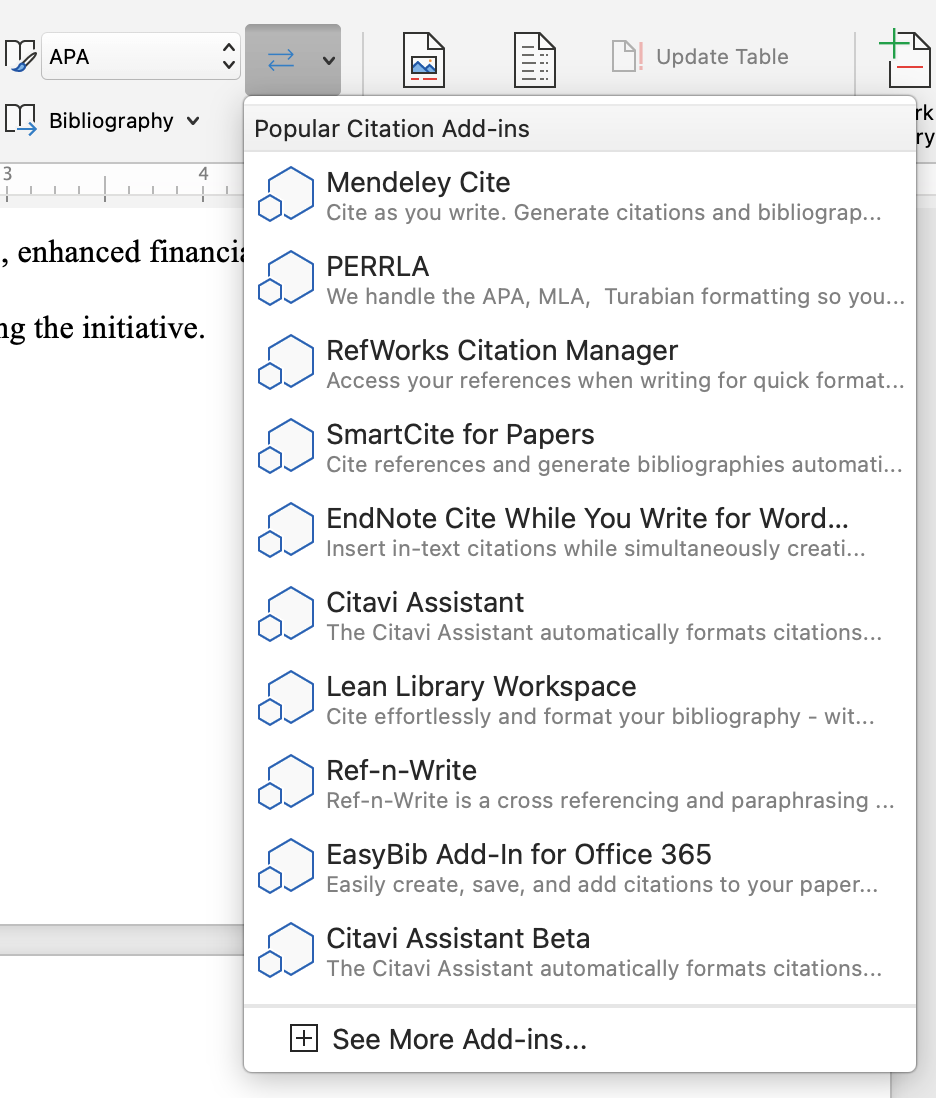 Popular Citation Add-ins menu